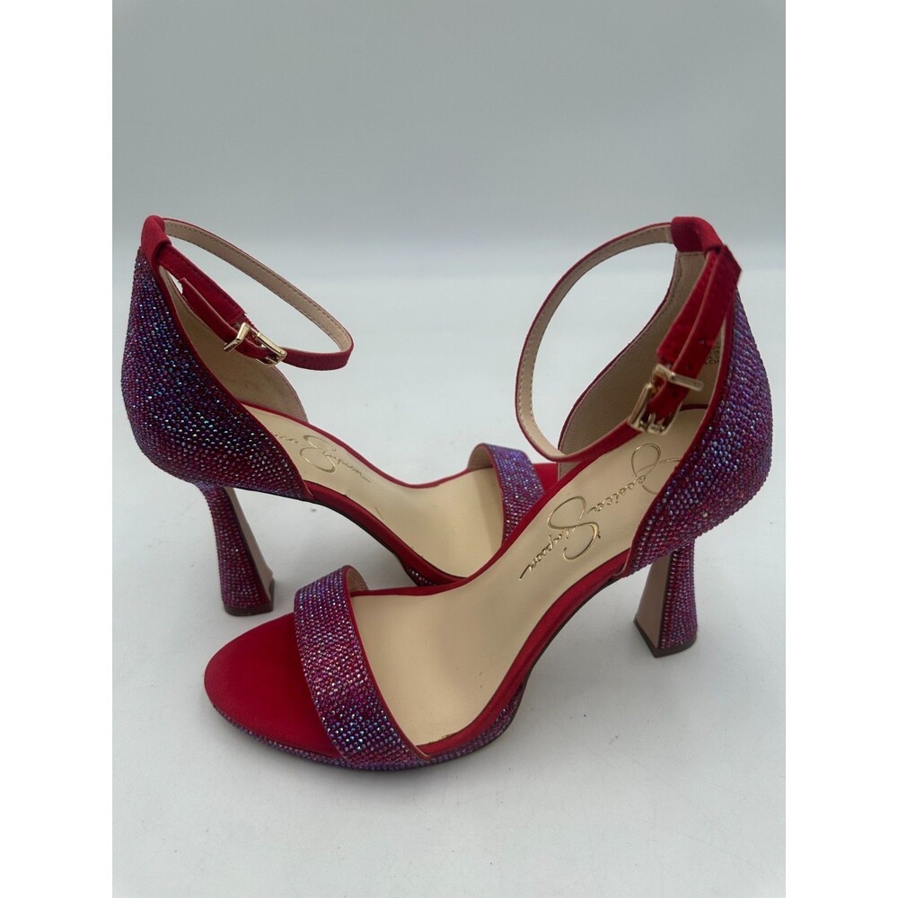 Jessica Simpson Red Rhinestone Ankle Strap Flare Glam Open Heel Sandals 9M NWT